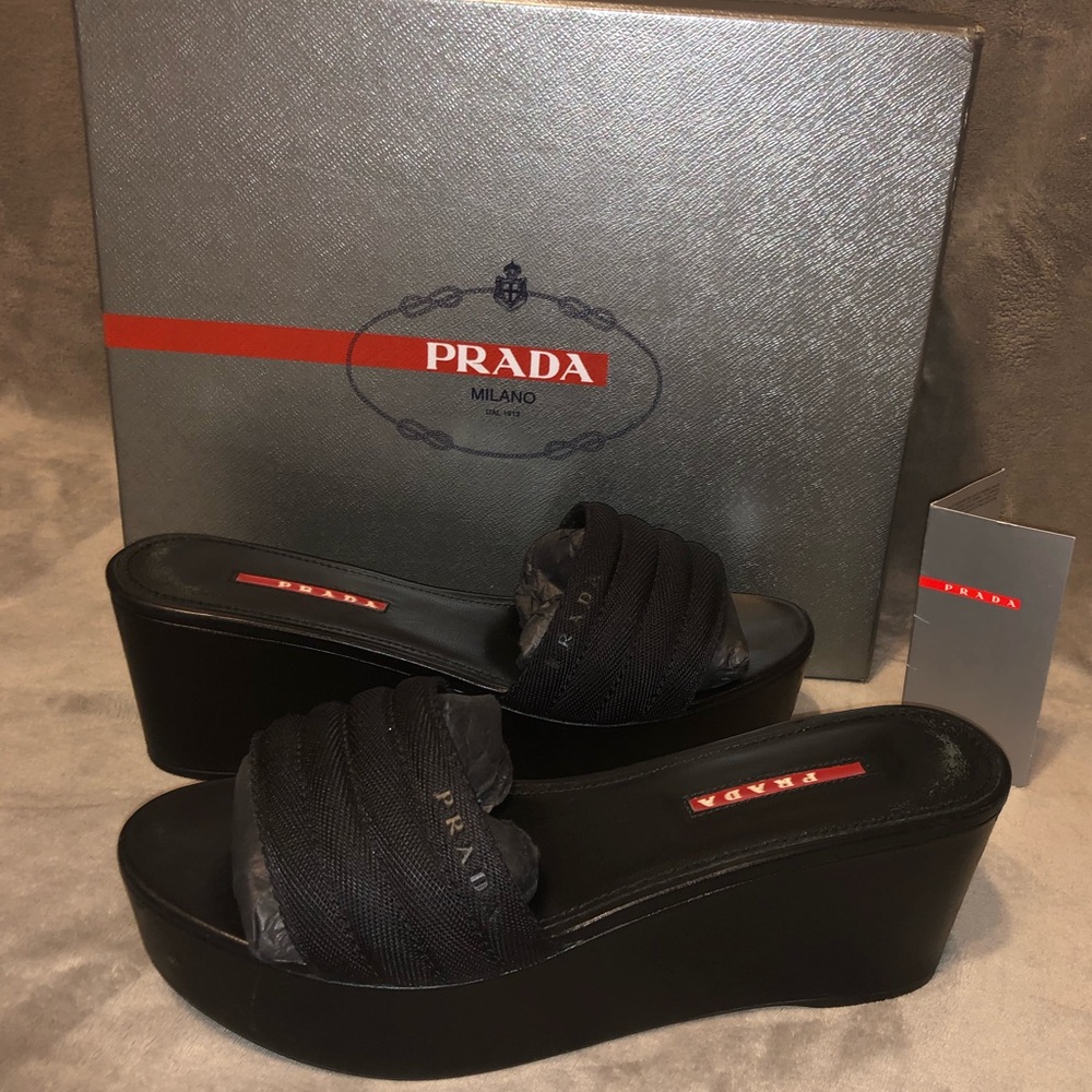Auth PRADA SPORT PLATFORM SLIDE SANDAL 38.5 8.5 padded nylon leather Y2K vintage